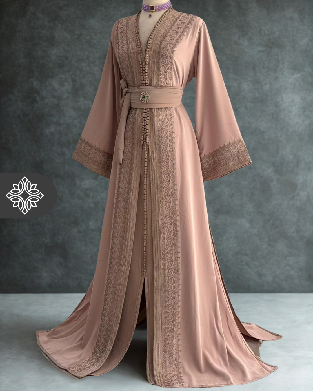 Beige Moroccan Two-Piece Kaftan | Tonal Embroidery