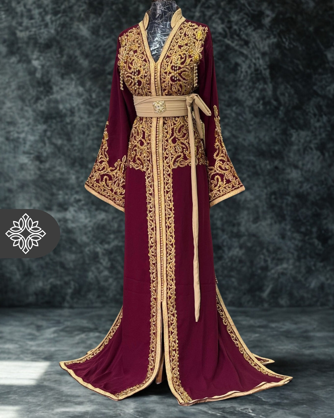 Burgundy Moroccan One-Piece Kaftan | Tonal Gold Embroidery