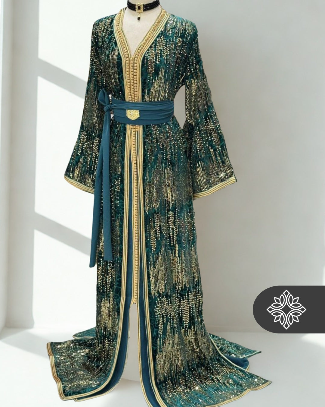 Emerald Green Gold Sequin Moroccan Kaftan –