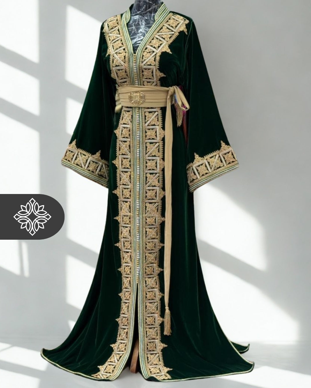 Kaftan Emerald Green with Golden Embroidery One Piece Caftan