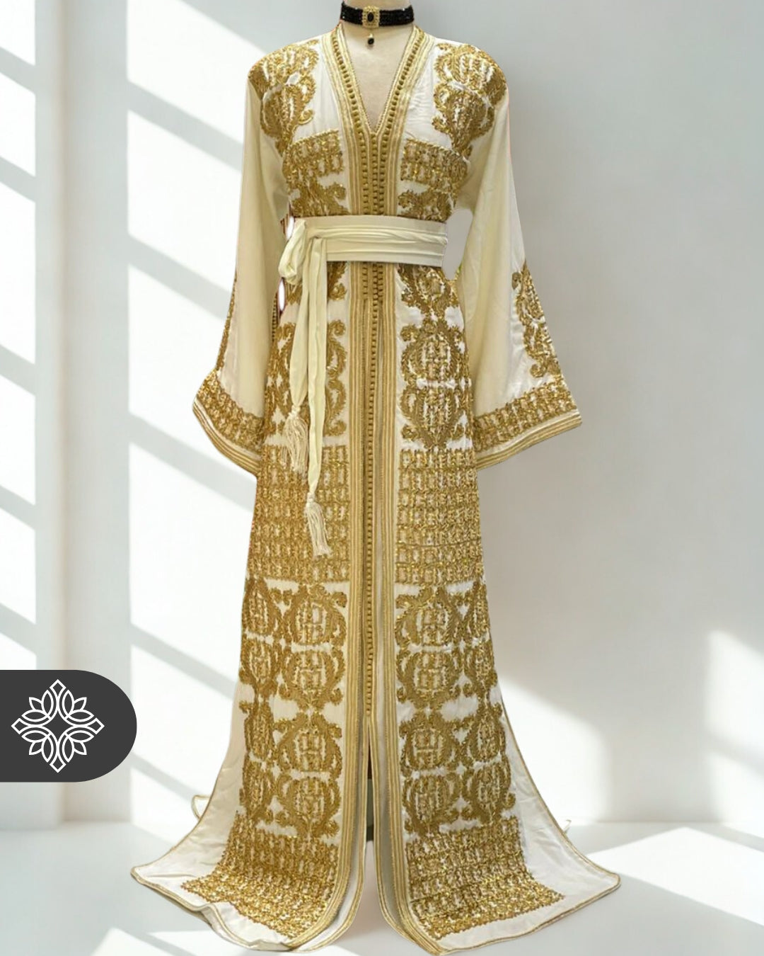 Moroccan Royal White Kaftan Wedding Dress with Gold Embroidery L
