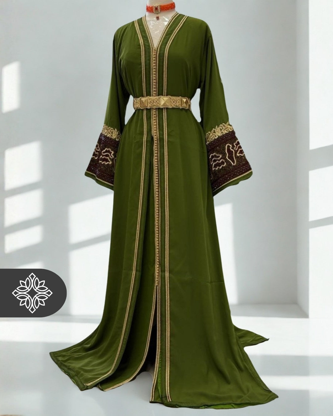 Olive Green Moroccan Takchita | Royal Kaftan | Golden Tonal Embroidery   The.moroccan.caftan
