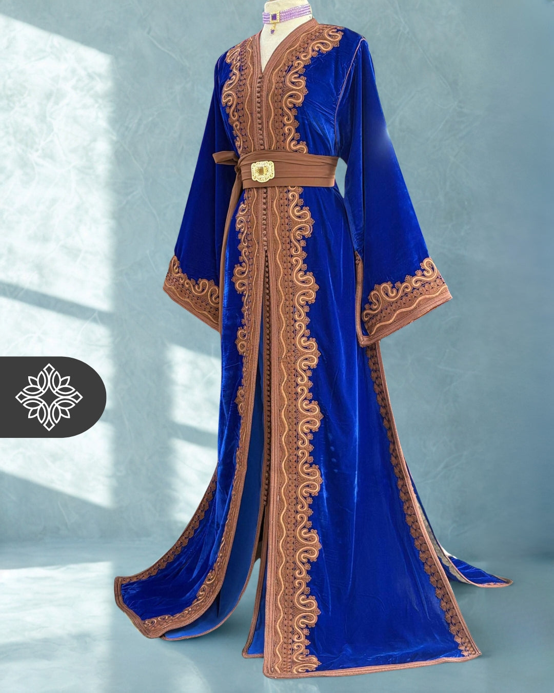 Royal Blue Moroccan Two-Piece Kaftan | Brown Tonal Embroidery | Luxury Evening Takchita