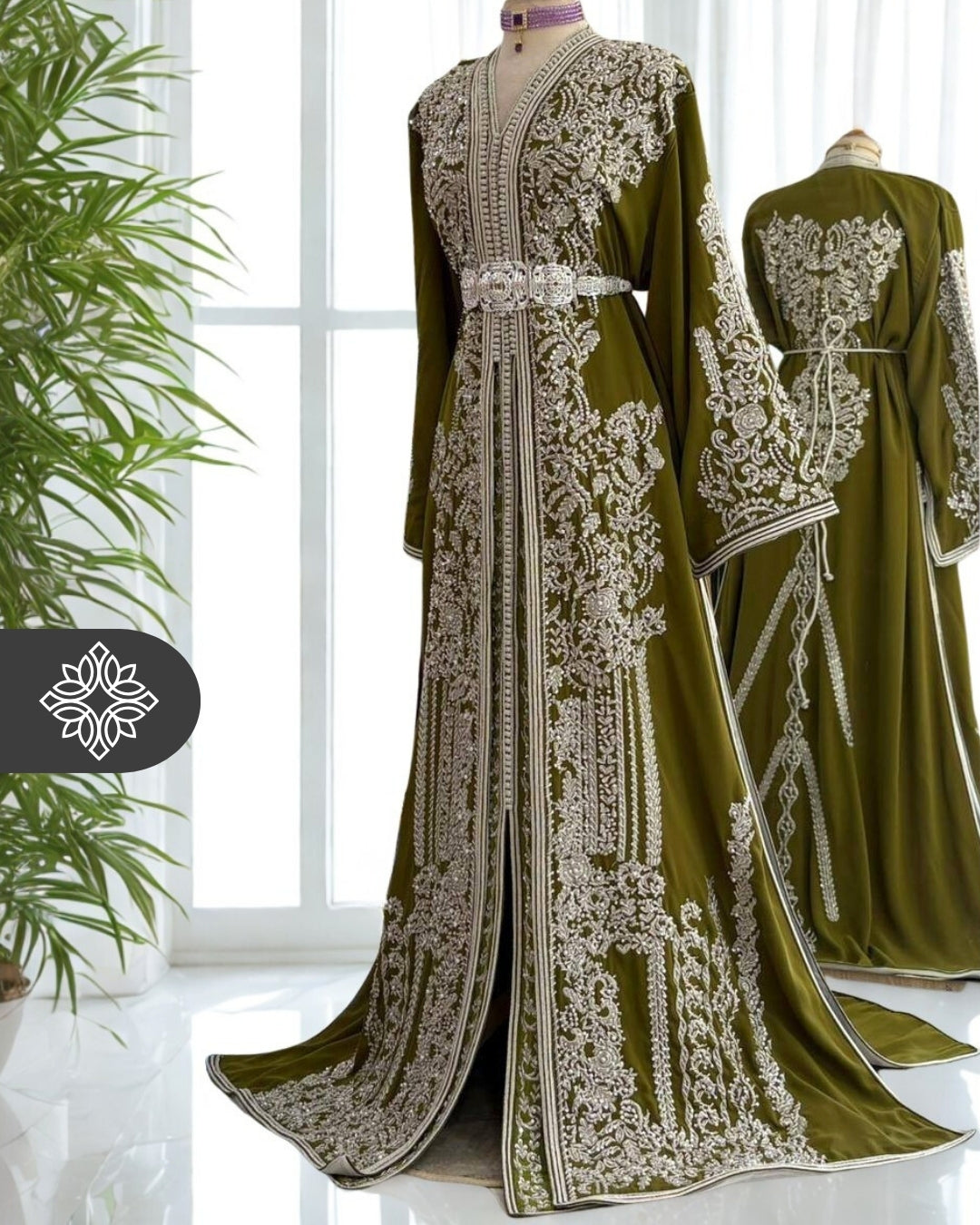 Royal Olive Green Moroccan Two-Piece Kaftan | Silver Tonal Embroidery The.moroccan.caftan Royal Olive Green Moroccan Two-Piece Kaftan | Silver Tonal Embroidery The.moroccan.caftan