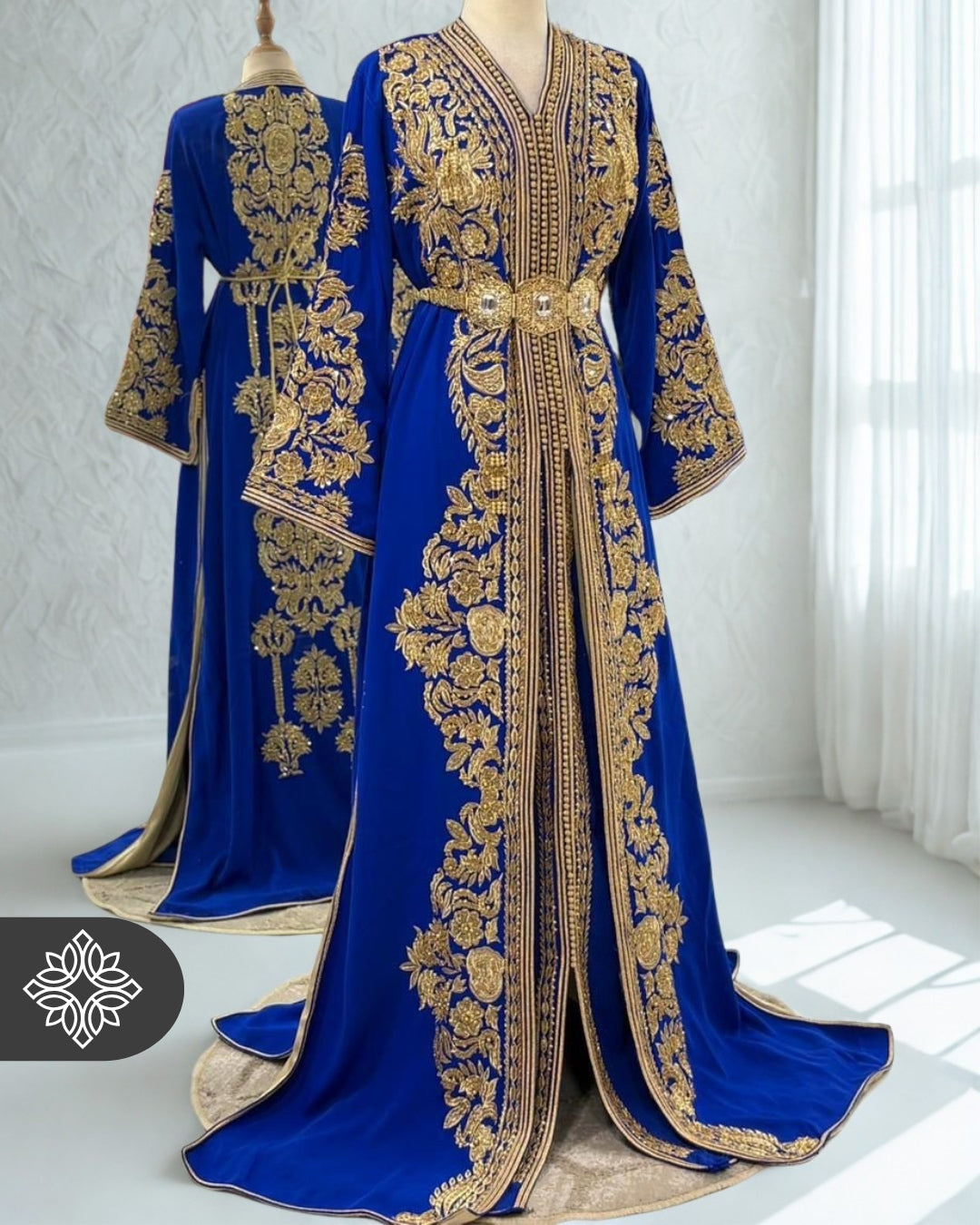 Royal Blue Two-Piece Kaftan Wedding Dress | Golden Hand Embroidery | Moroccan Takchita XL Royal Blue Two-Piece Kaftan Wedding Dress | Golden Hand Embroidery | Moroccan Takchita XL