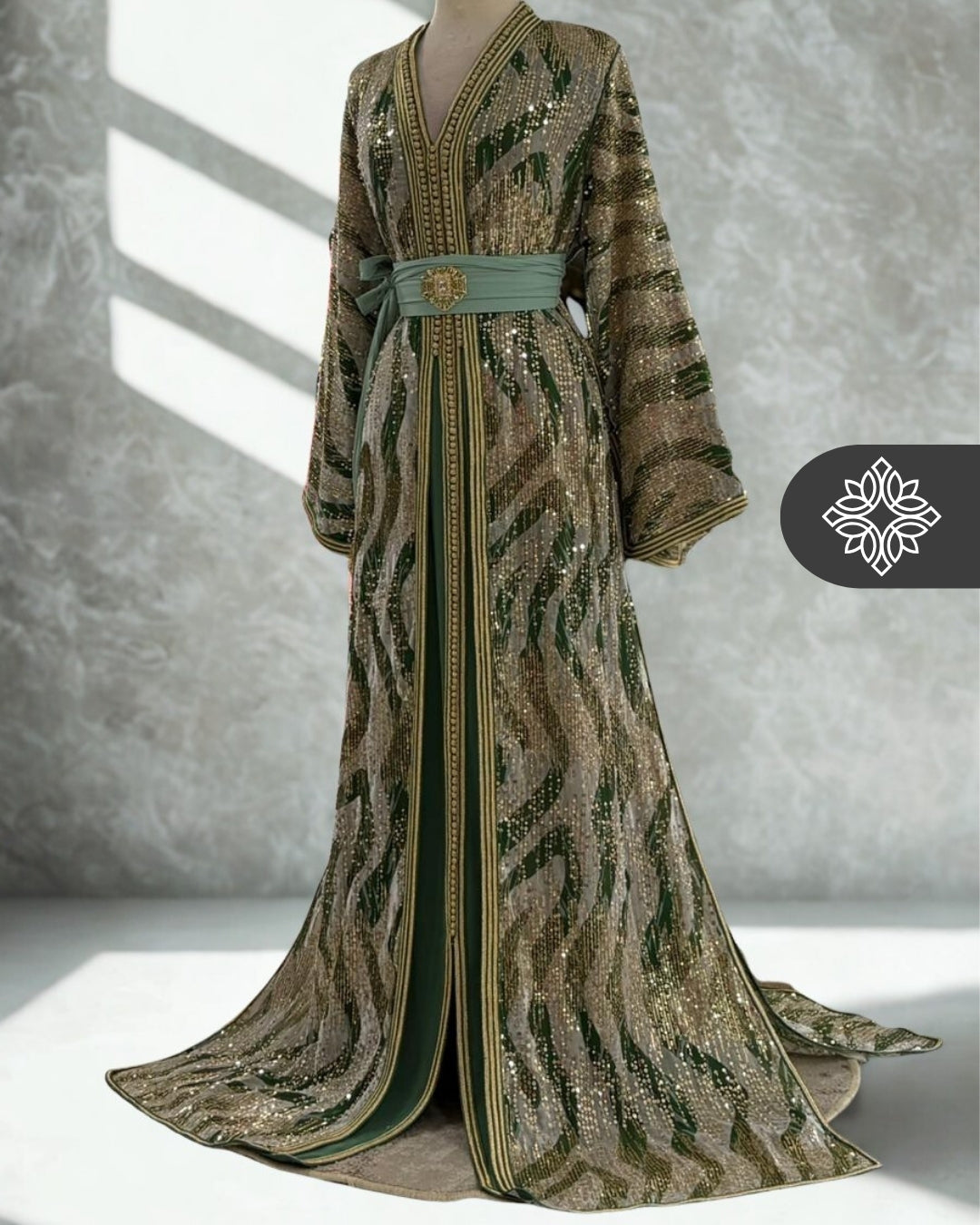 Two-Piece Moroccan Kaftan Green & Sand | Sequin Embroidery | Luxury Ta