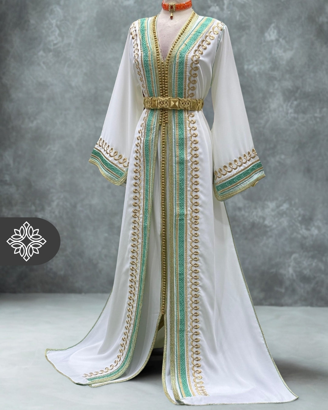 white and gold kaftan dress White Moroccan Dubai Caftan Gold Sequin Henna Farasha Kaftan Gown Dress 40 main image 1