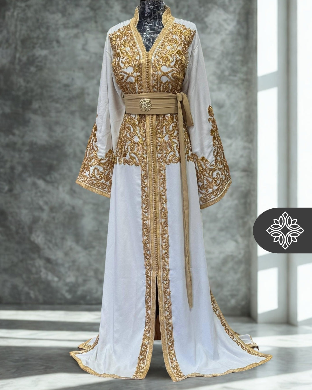 White Moroccan One-Piece Kaftan | Tonal Golden Embroidery | Luxury Bri White Moroccan One-Piece Kaftan | Tonal Golden Embroidery | Luxury Bri