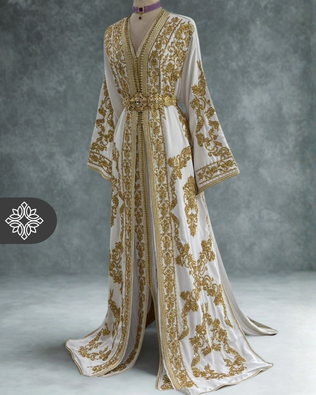 White Moroccan Two-Piece Takchita | Tonal Golden Embroidery