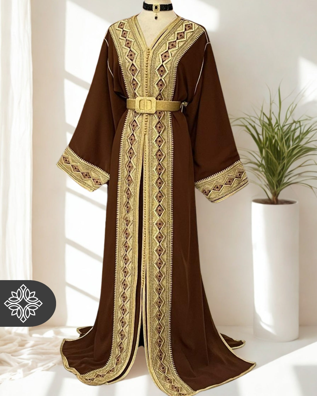 Amber Brown Moroccan Two-Piece Kaftan, Takchita Gold Embroidered