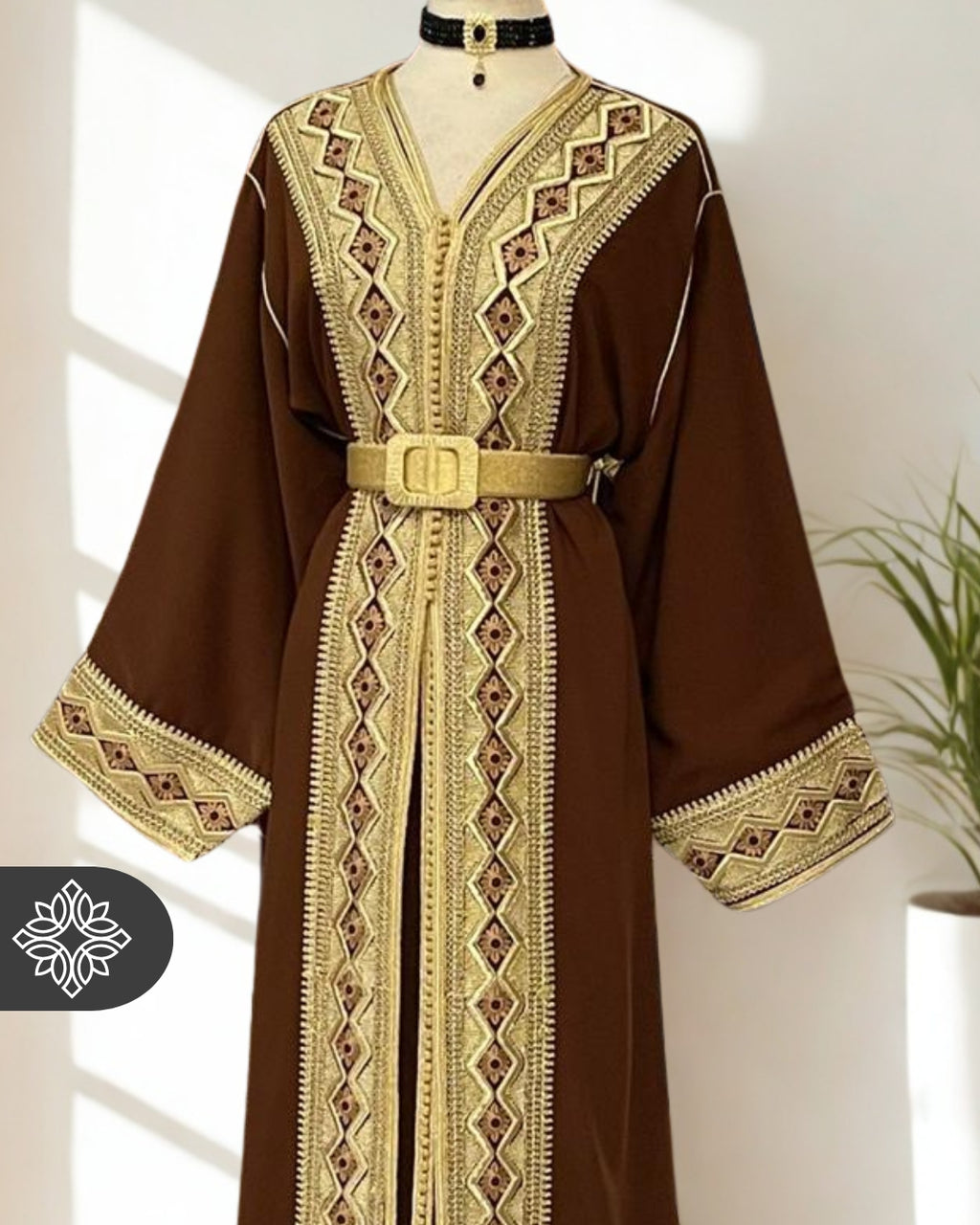 Amber Brown Moroccan Two-Piece Kaftan, Takchita Gold Embroidered
