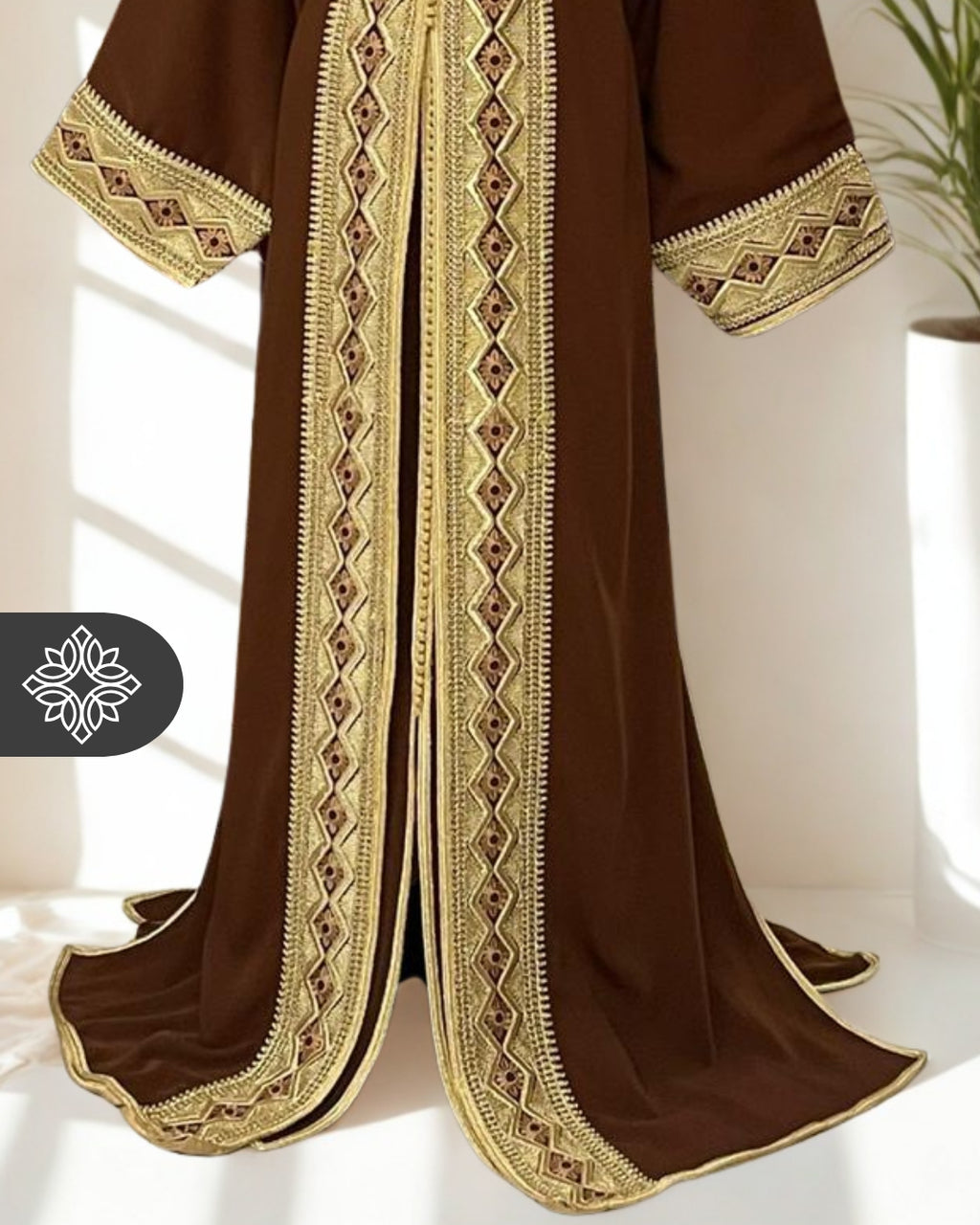 Amber Brown Moroccan Two-Piece Kaftan, Takchita Gold Embroidered