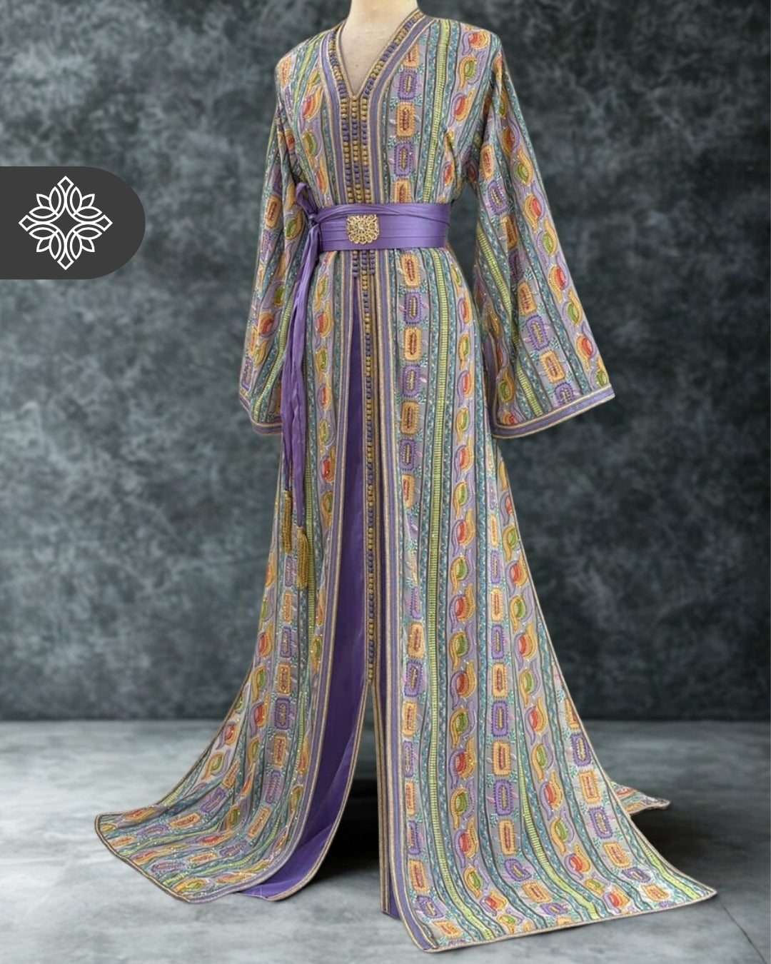 Amethyst Mosaic Moroccan Takshita  Multicolor Silk Embroidery Two-Piece Caftan Dress