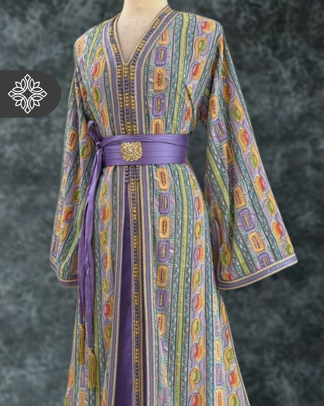Amethyst Mosaic Moroccan Takshita  Multicolor Silk Embroidery Two-Piece Caftan Dress