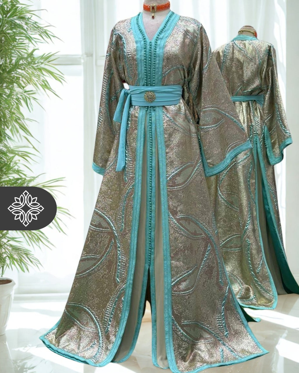 Aqua Silver Moroccan Two-Piece Kaftan | Metallic Embroidered Elegance