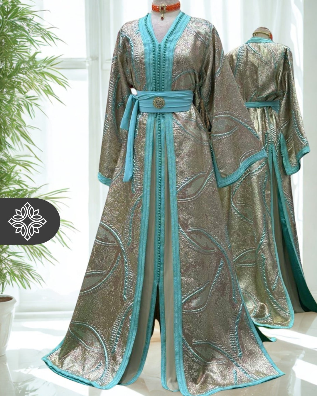 Aqua Silver Moroccan Two-Piece Kaftan | Metallic Embroidered Elegance