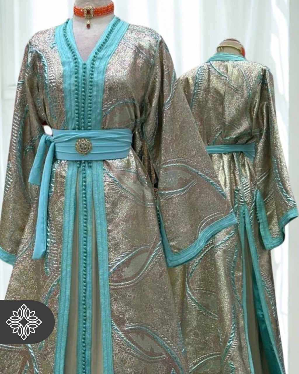 Aqua Silver Moroccan Two-Piece Kaftan | Metallic Embroidered Elegance