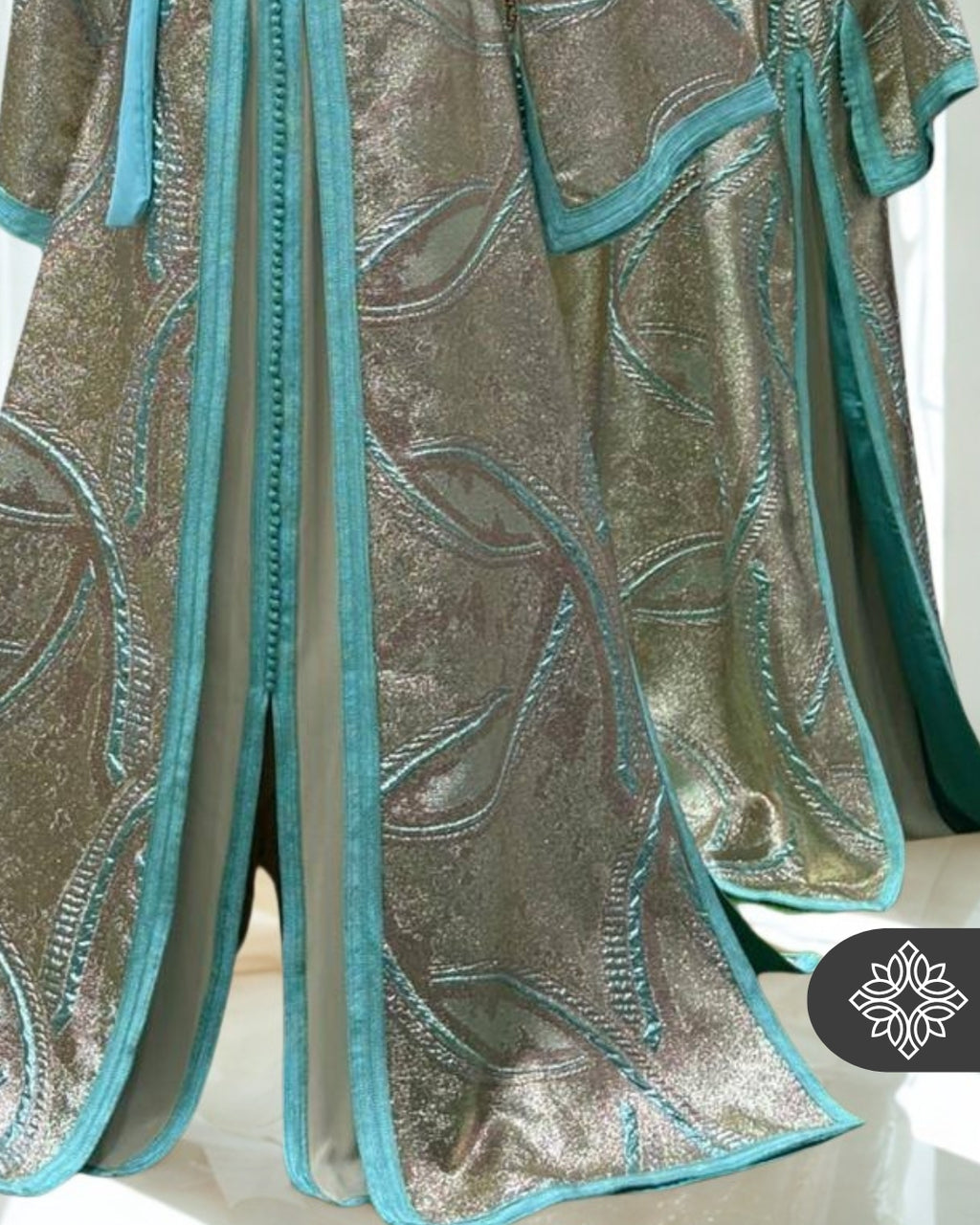 Aqua Silver Moroccan Two-Piece Kaftan | Metallic Embroidered Elegance