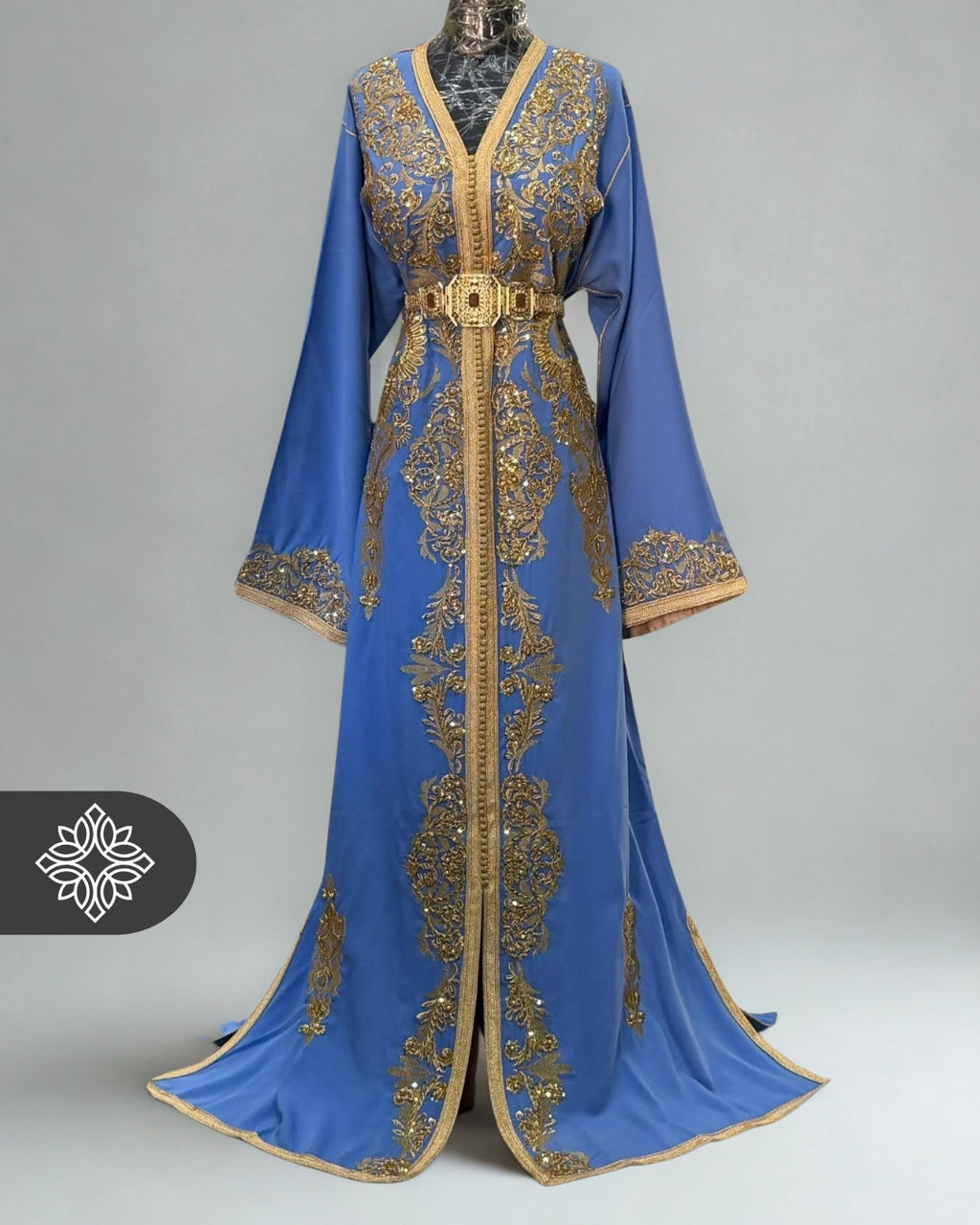 Baby Blue Moroccan Kaftan | Luxury One-Piece Caftan | Golden Hand Embroidery
