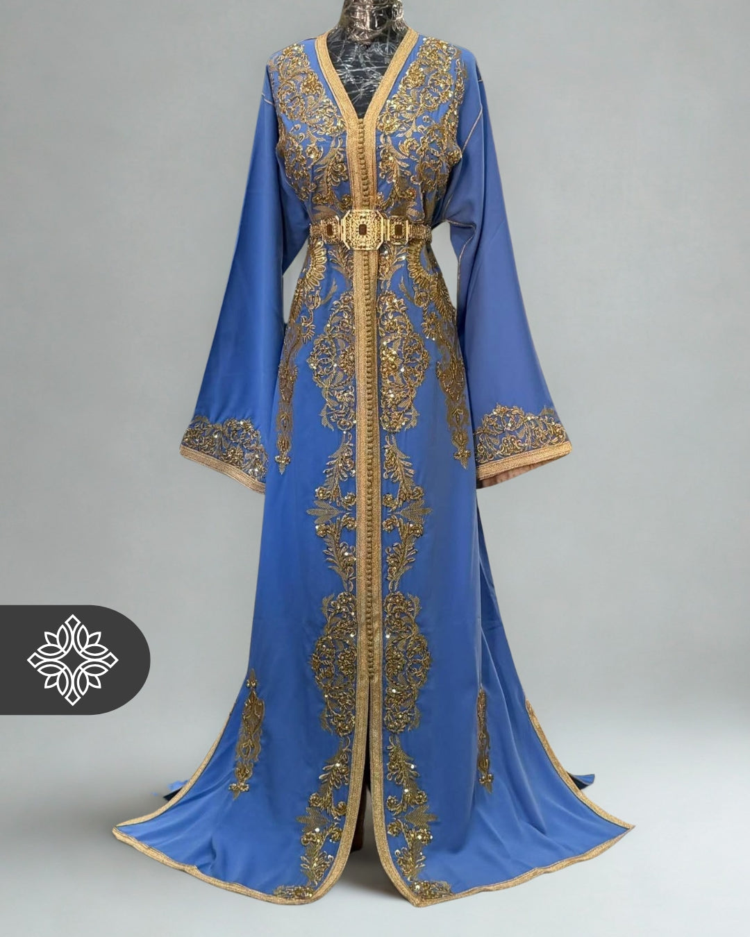 Baby Blue Moroccan Kaftan | Luxury One-Piece Caftan | Golden Hand Embroidery