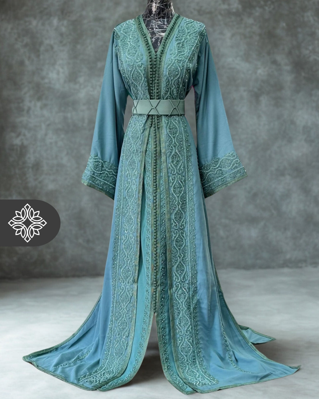Chocolate Brown Moroccan Takchita | Luxury Couture Two-Piece Kaftan | Tonal Embroidery & Stone Detailing