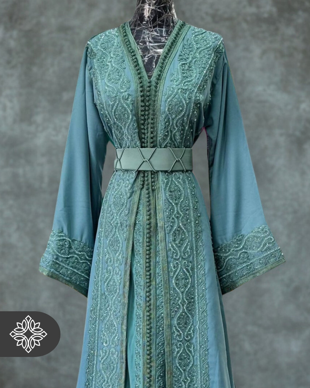 Baby Blue Moroccan Takchita | Luxury Couture Two-Piece Kaftan | Tonal Embroidery & Stone Detailing
