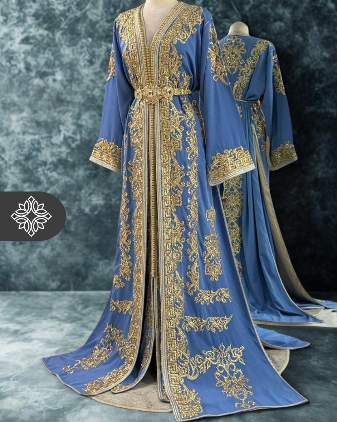 Baby Blue Two-Piece Takchita | Luxury Gold Hand-Embroidery | Moroccan Kaftan