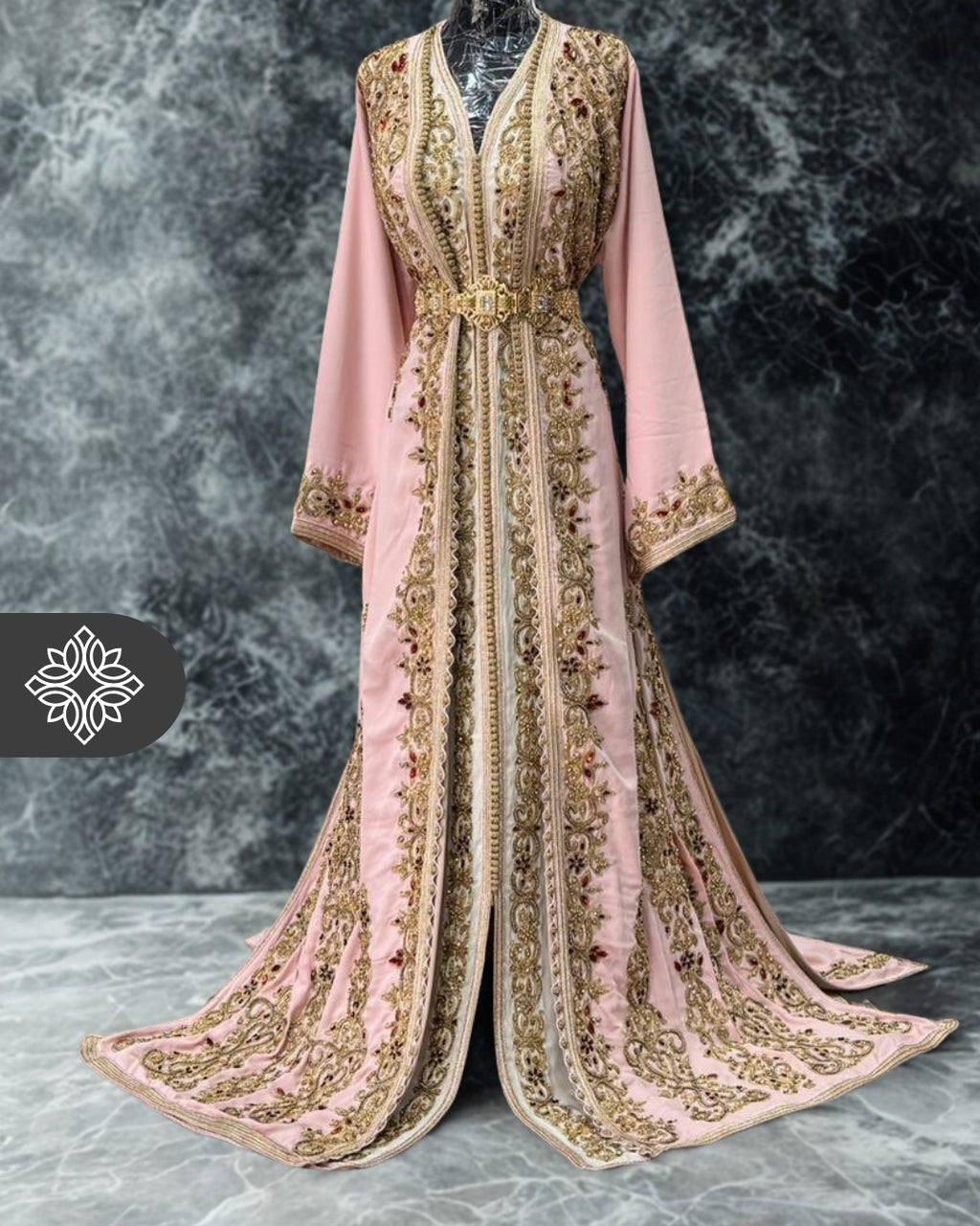 Baby Pink Moroccan Takchita | Tonal Gold Embroidery | VIP Luxury Two-Piece Kaftan