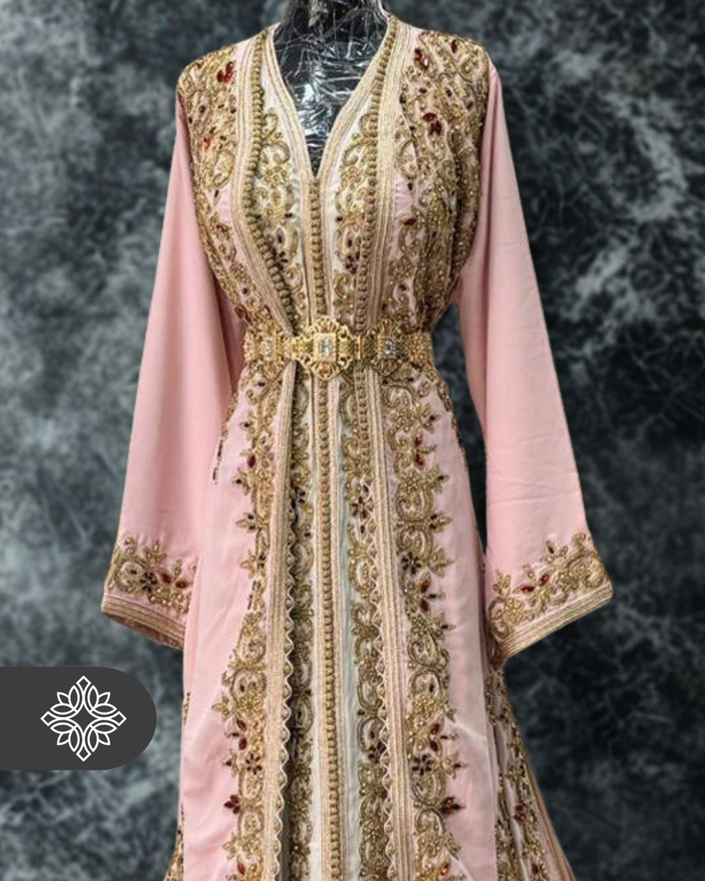 Baby Pink Moroccan Takchita | Tonal Gold Embroidery | VIP Luxury Two-Piece Kaftan