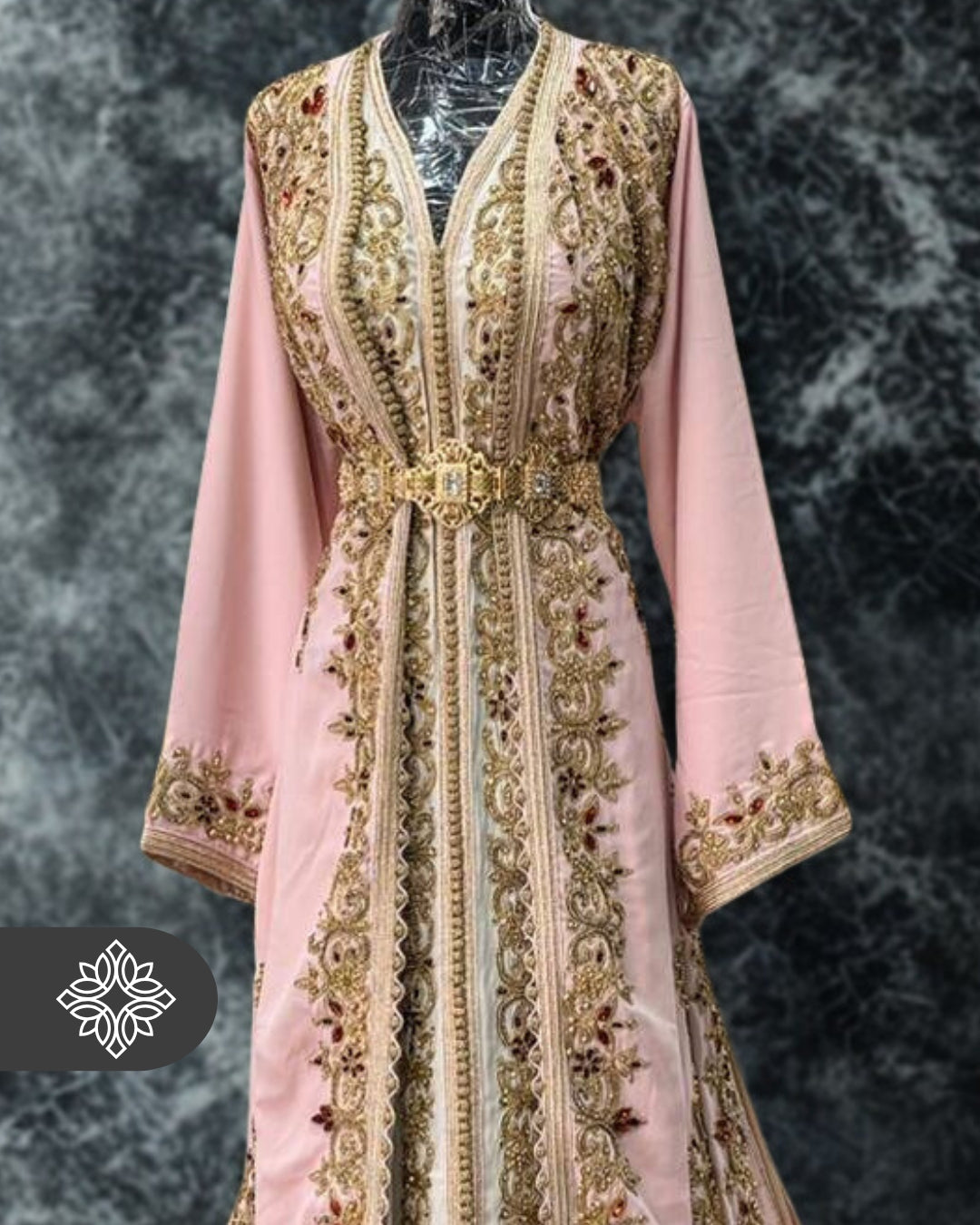 Baby Pink Moroccan Takchita | Tonal Gold Embroidery | VIP Luxury Two-Piece Kaftan