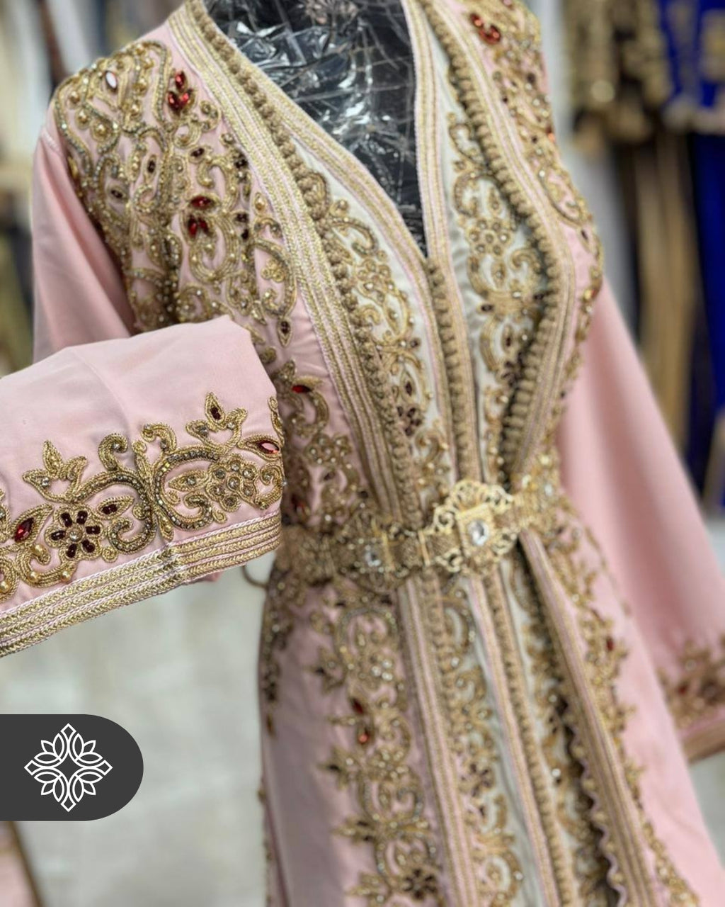 Baby Pink Moroccan Takchita | Tonal Gold Embroidery | VIP Luxury Two-Piece Kaftan