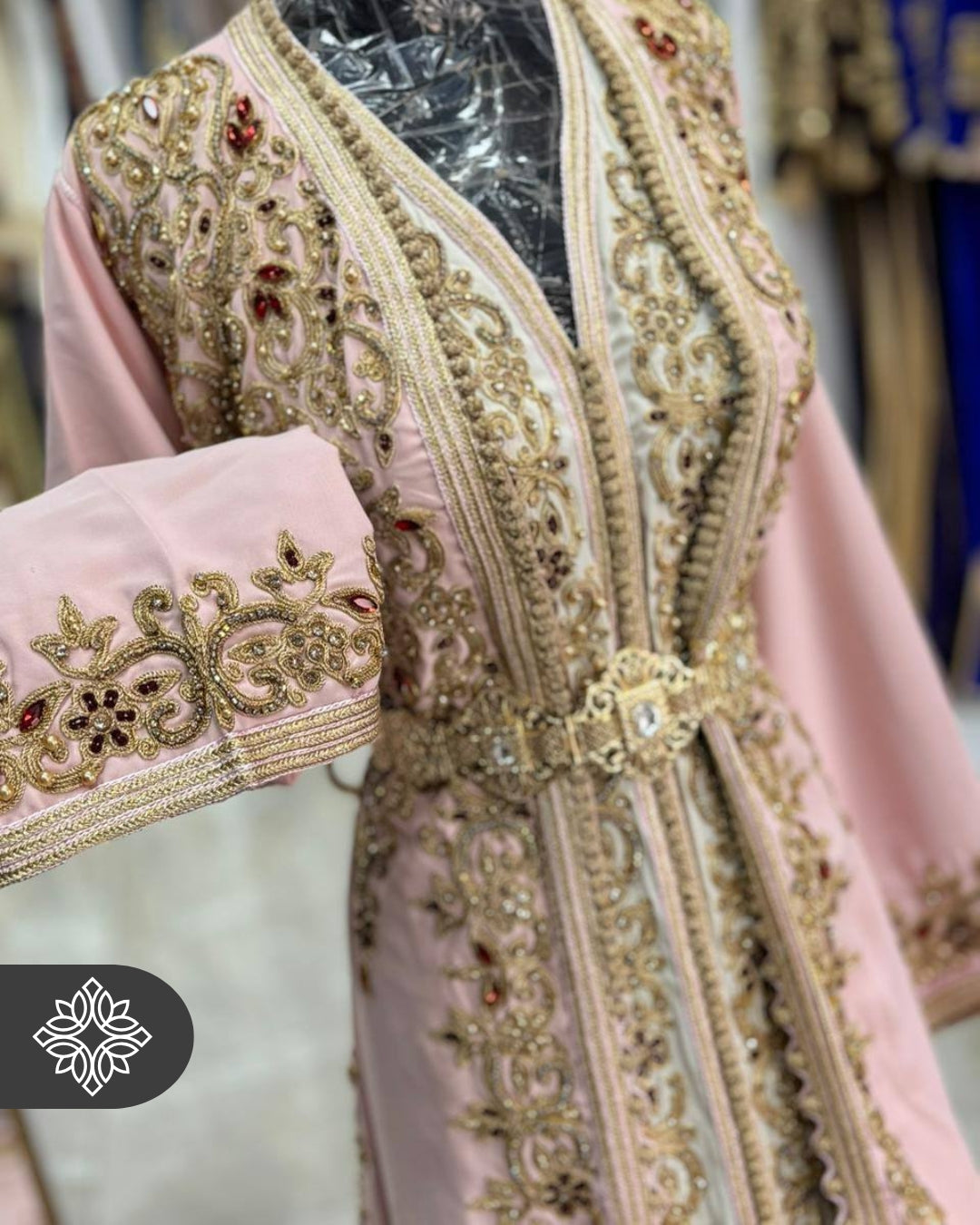 Baby Pink Moroccan Takchita | Tonal Gold Embroidery | VIP Luxury Two-Piece Kaftan