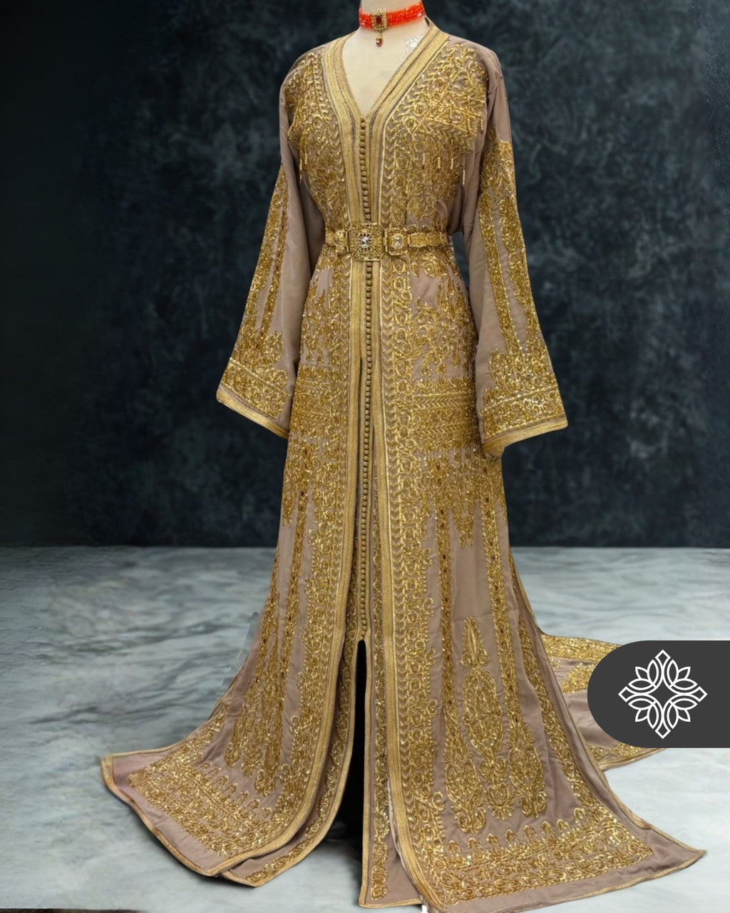 Beige Moroccan Takchita | Luxury Two-Piece Kaftan | Golden Royal Hand Embroidery