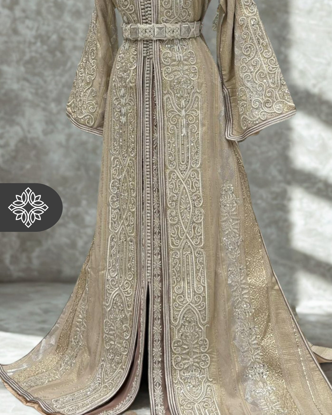 Silver Grey Moroccan Takchita | Luxury Two-Piece Kaftan Brocade | Tonal Silver Embroidery