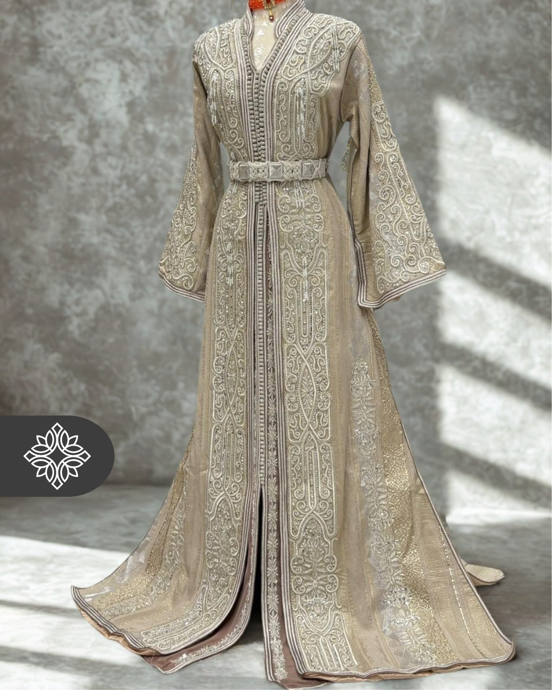 Silver Grey Moroccan Takchita | Luxury Two-Piece Kaftan Brocade | Tonal Silver Embroidery