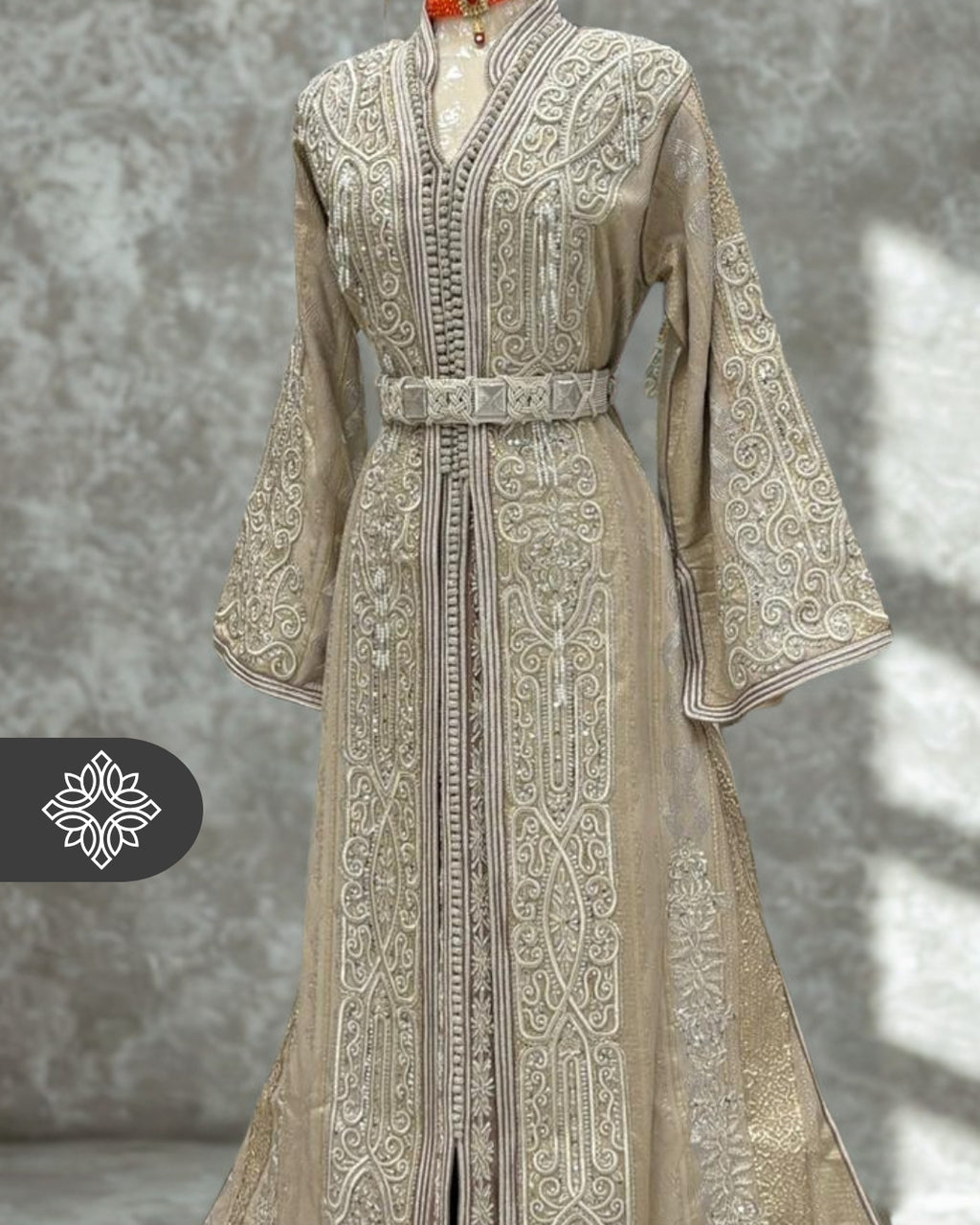 Silver Grey Moroccan Takchita | Luxury Two-Piece Kaftan Brocade | Tonal Silver Embroidery