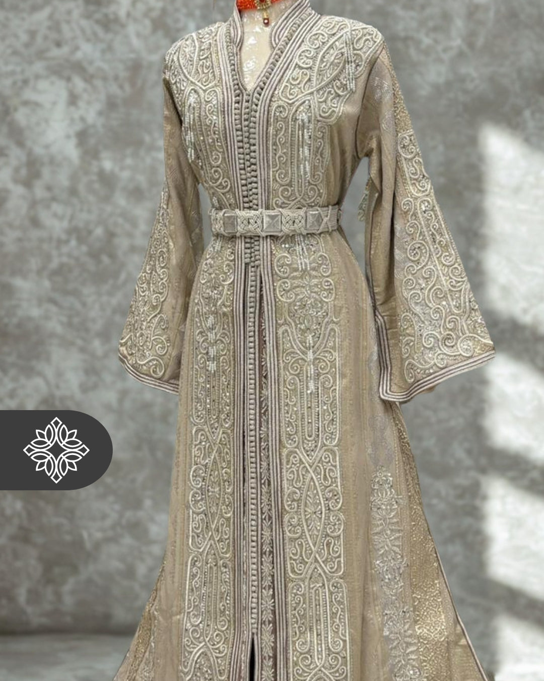 Silver Grey Moroccan Takchita | Luxury Two-Piece Kaftan Brocade | Tonal Silver Embroidery