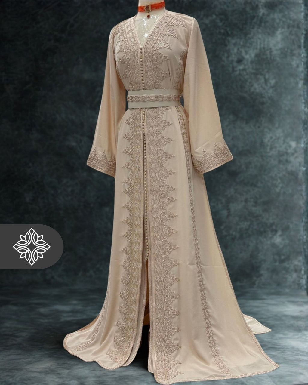 Beige Moroccan Takchita | Elegant Two-Piece Kaftan | Tonal Heritage Embroidery