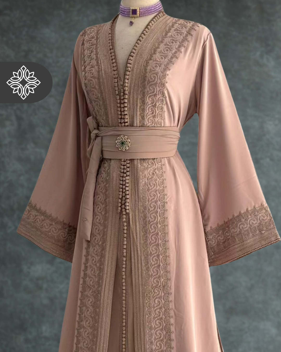 Beige Moroccan Two-Piece Kaftan | Tonal Embroidery | Refined Luxury Takchita