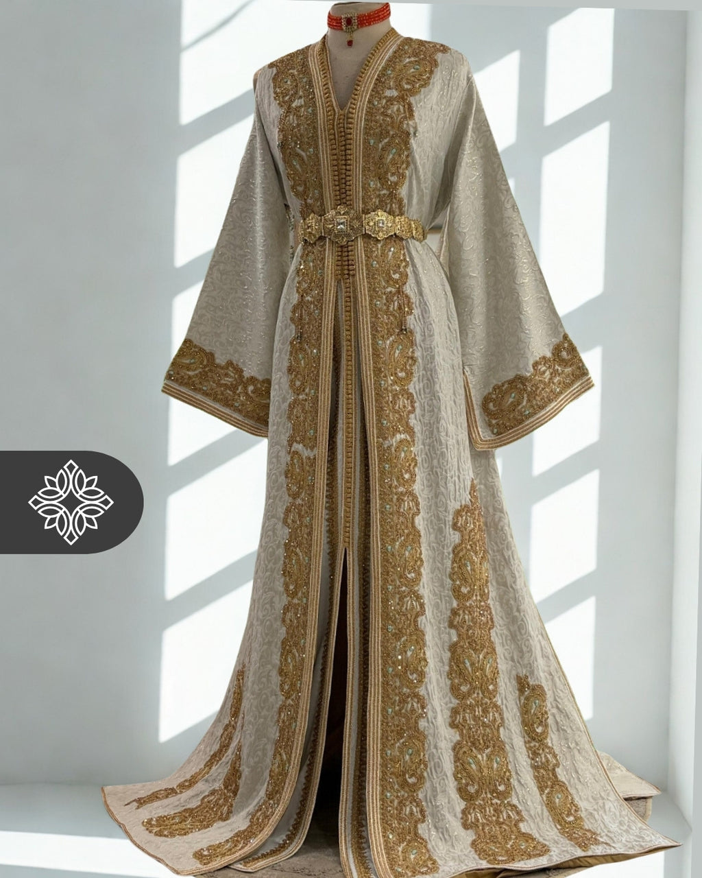 Beige Moroccan Two-Piece Takchita | Golden Embroidery & Stone Details | Luxury Two-Piece Kaftan