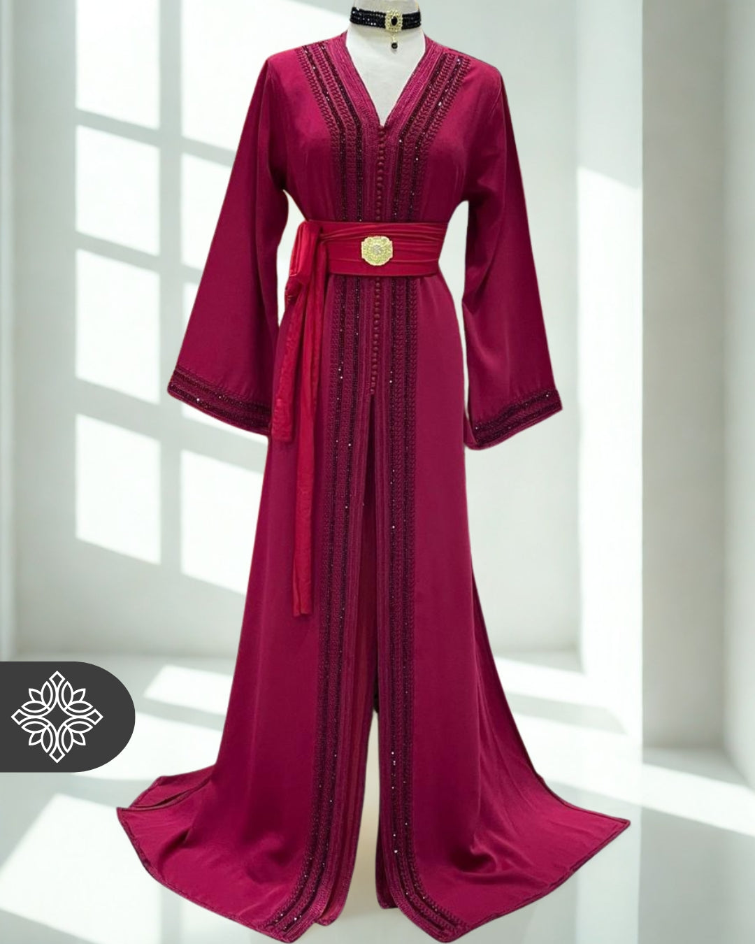 Berry Pink Moroccan Kaftan with Dark Tonal Embroidery