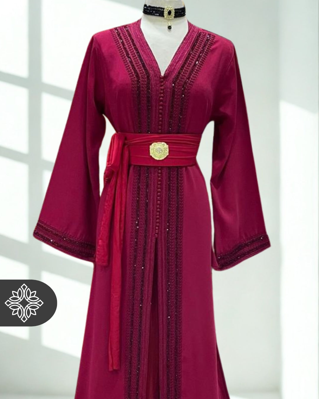 Berry Pink Moroccan Kaftan with Dark Tonal Embroidery