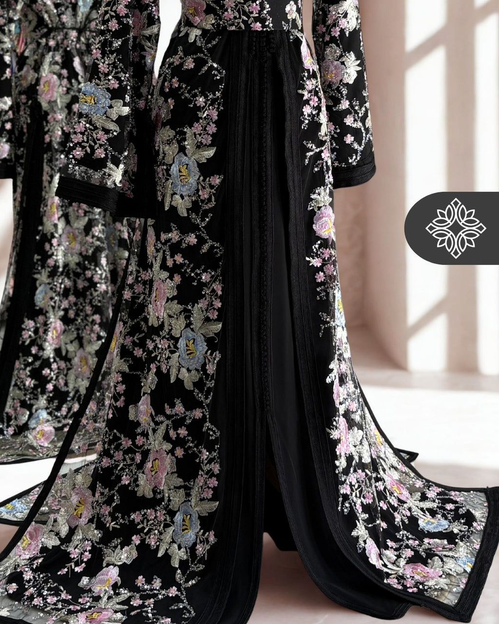 Black Floral Moroccan Takchita | Luxury Two-Piece Kaftan