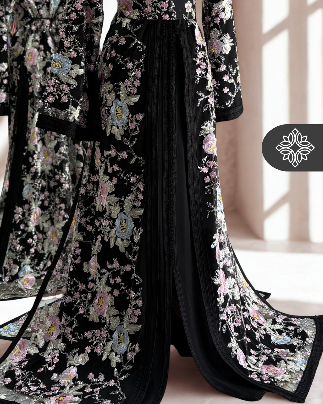 Black Floral Moroccan Takchita | Luxury Two-Piece Kaftan