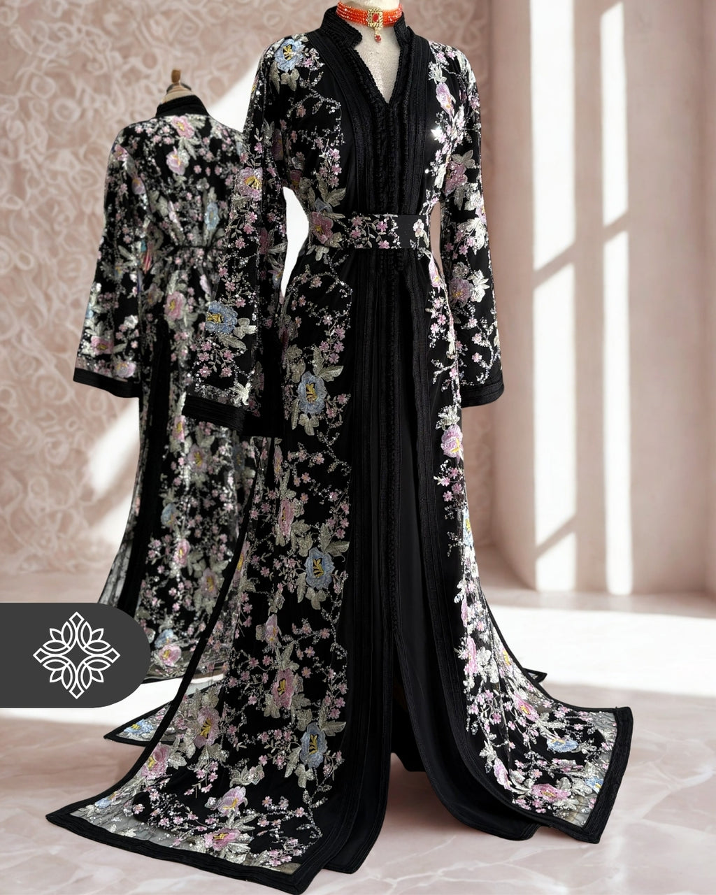Black Floral Moroccan Takchita | Luxury Two-Piece Kaftan