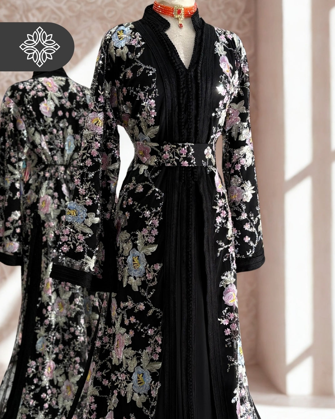 Black Floral Moroccan Takchita | Luxury Two-Piece Kaftan