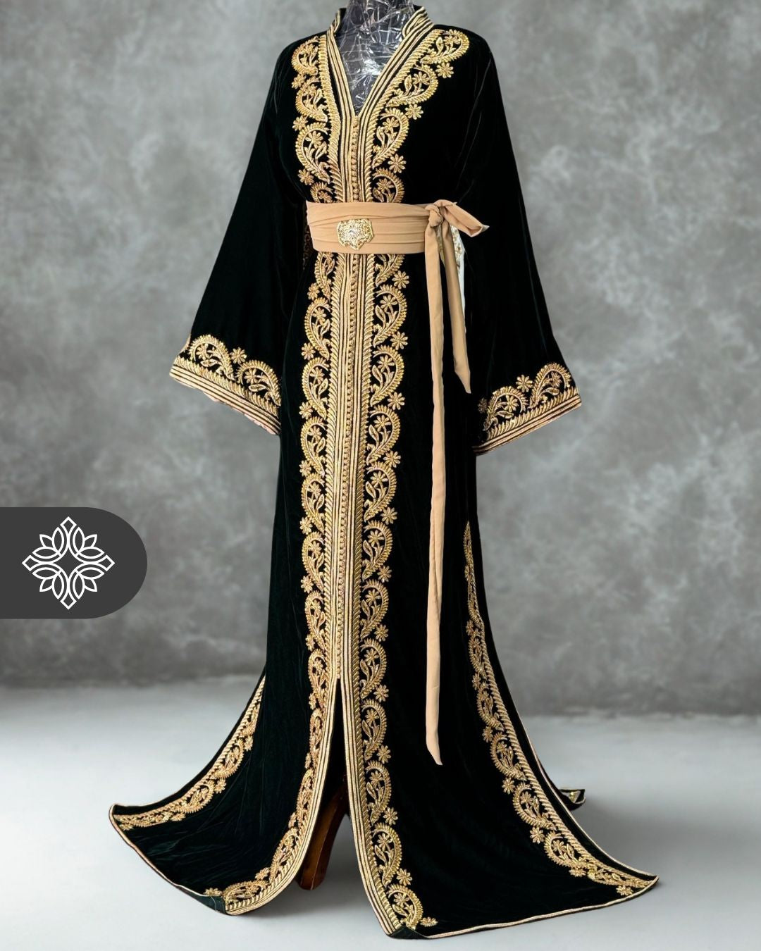 Black Moroccan Kaftan | Royal Gold Embroidery One Piece Caftan