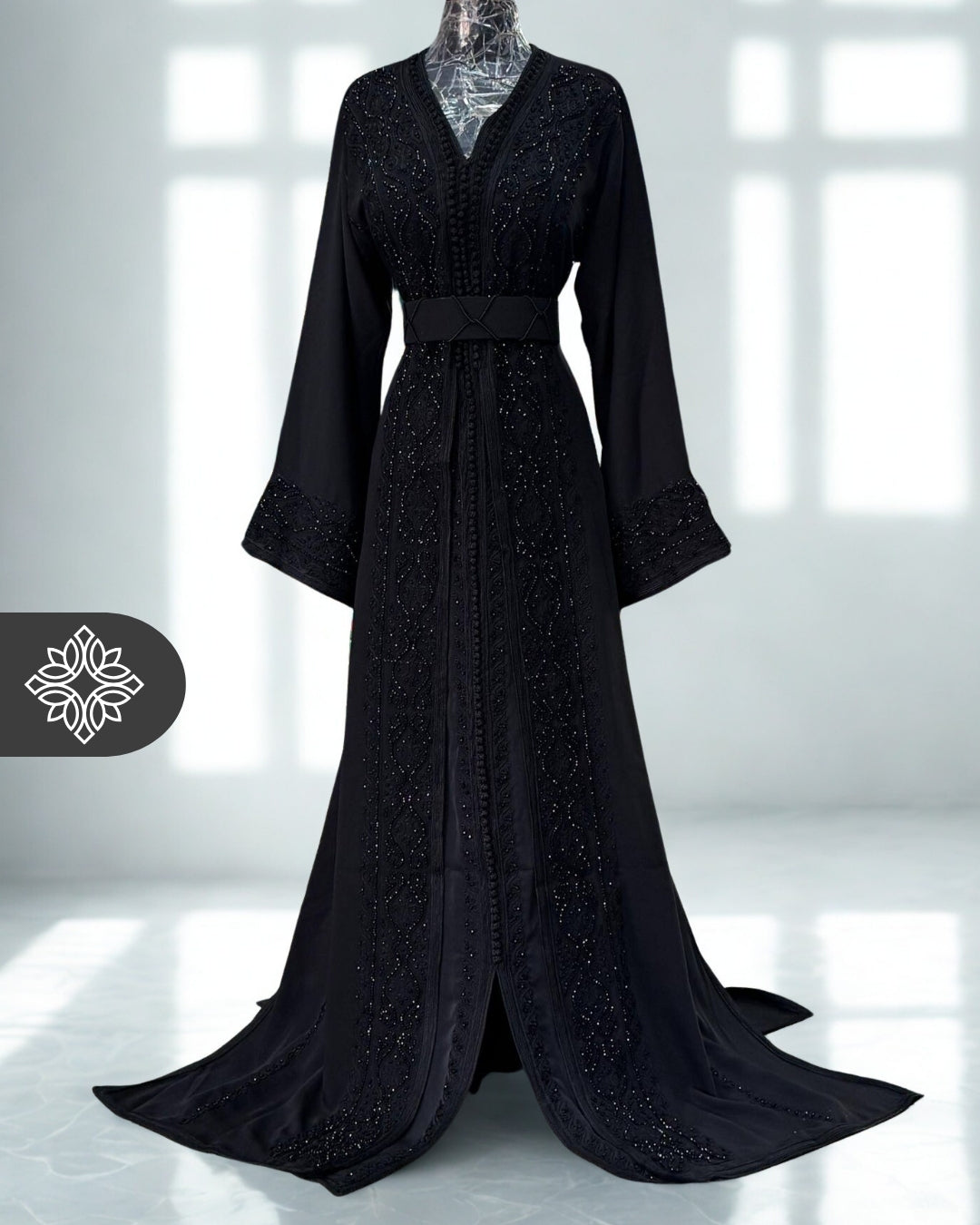 Royal Black Moroccan Takchita | Luxury Couture Two-Piece Kaftan | Tonal Embroidery & Stone Detailing