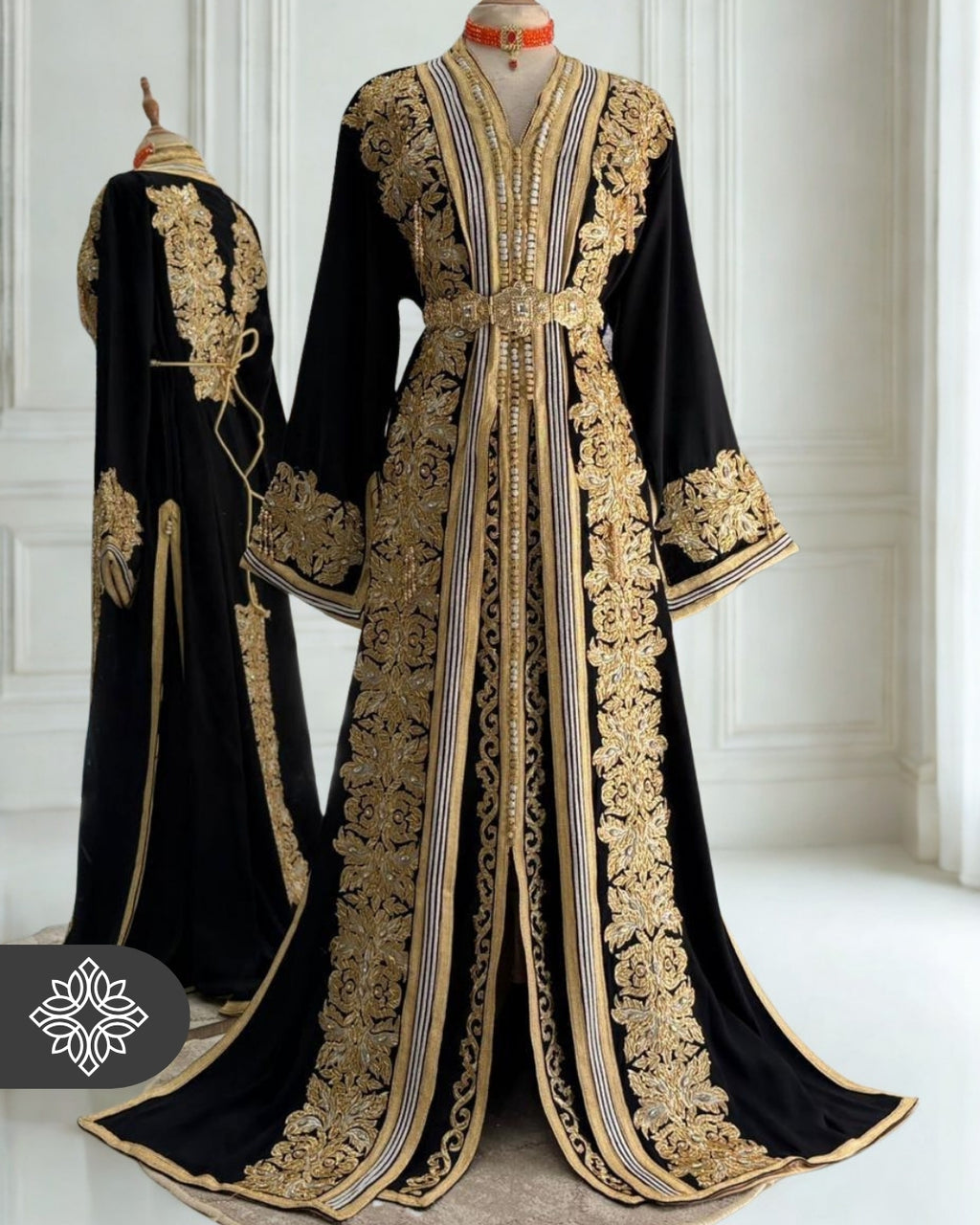 Black Moroccan Takchita | Luxury Two-Piece Kaftan | Golden Embroidery
