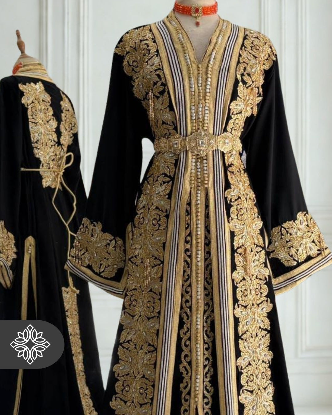 Black Moroccan Takchita | Luxury Two-Piece Kaftan | Golden Embroidery